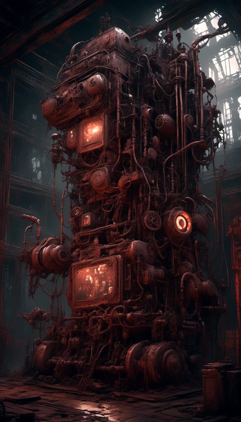 <lora:Havok:1.0> "(Cortex:1.2) encased inside crude made machine with crimson liquid (evil:1.3) made machine." Art by To...
