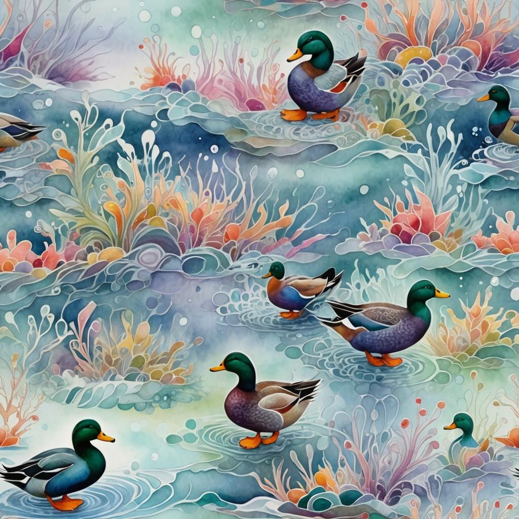 Ducks in Misty Landscape: Abstract Watercolor with Zentangle