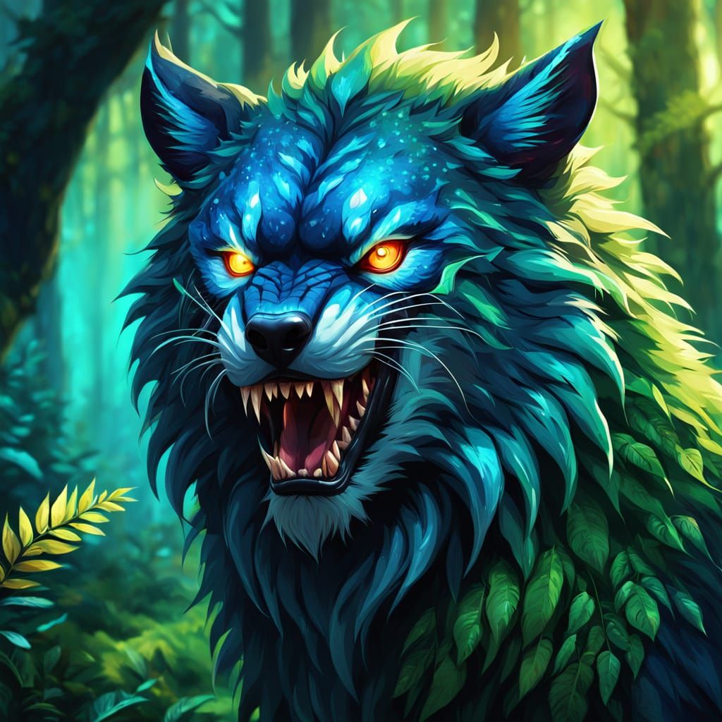 Fierce Feral Beast in Glowing Forest