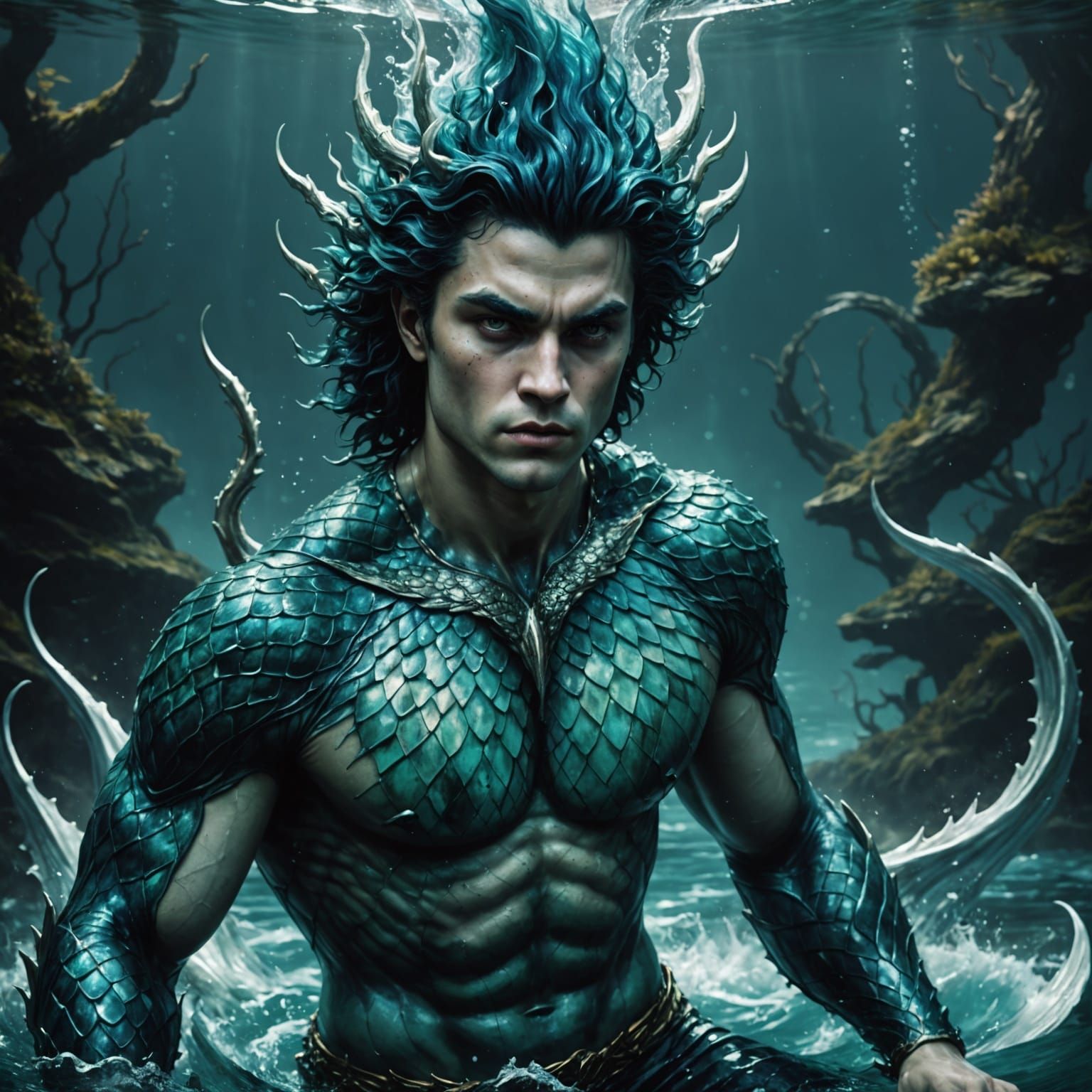 Menacing Water Fae Merman in Hyperrealistic Style