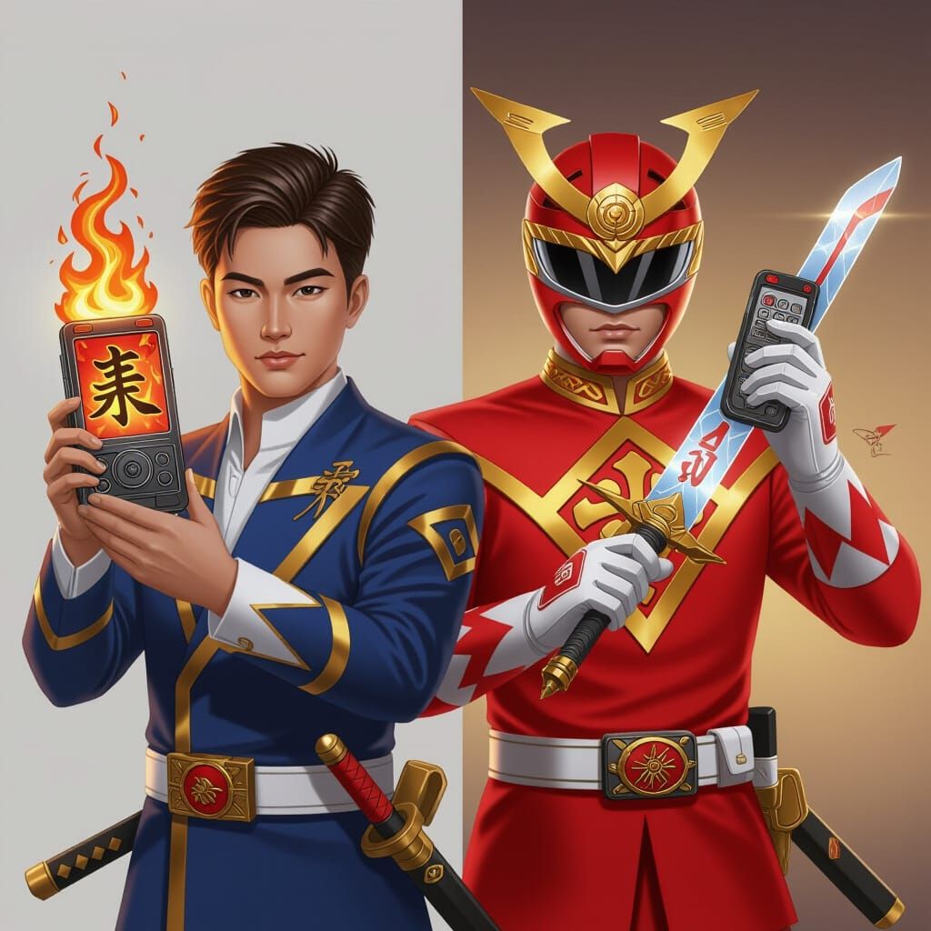 Red and Gold Samurai Rangers Morphing into Action