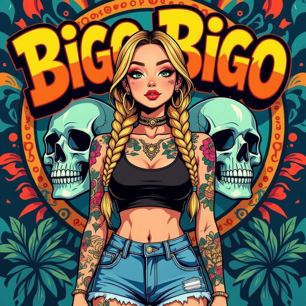 Girl with Braids and Skull Tattoos in Cartoon Style
