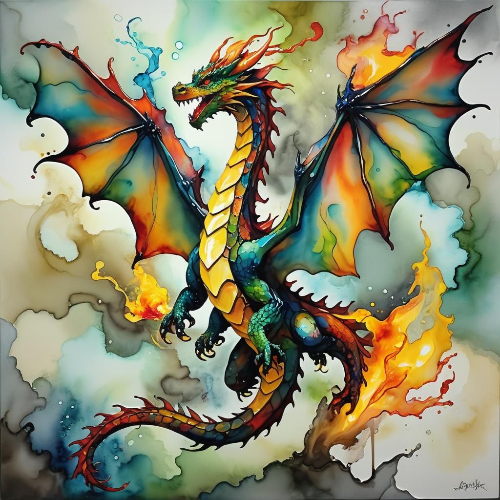Alcohol Ink Fire Dragon in Flight