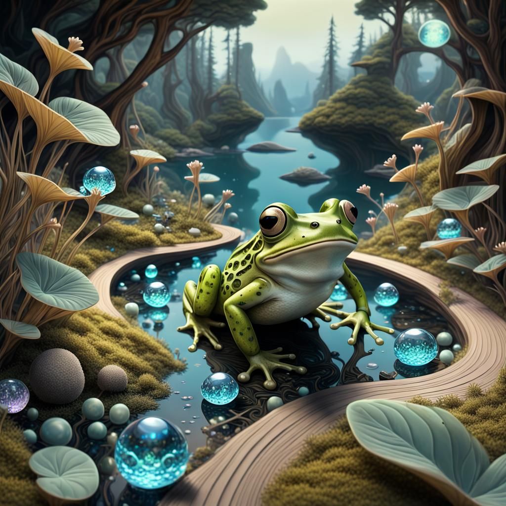 Bioluminescent Frogs' Journey in 3D Fractal Art