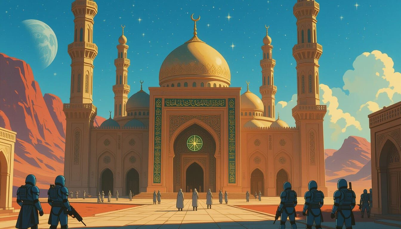 Futuristic Mosque on Mars: Ghibli-Inspired Matte Painting