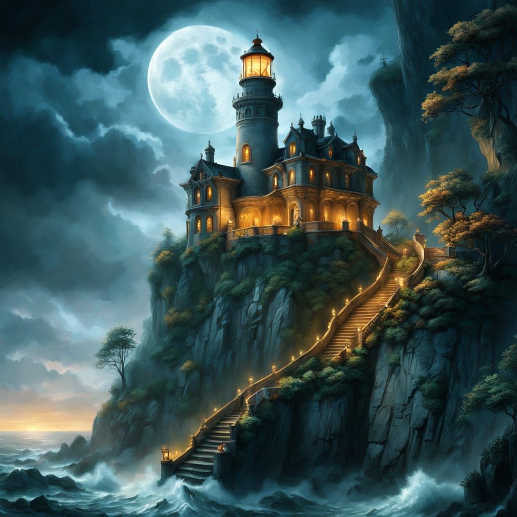 Romantic Lighthouse on Misty Cliffside