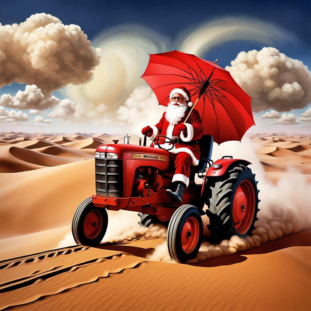 Santa in Desert on Tractor, Surreal Dali Style