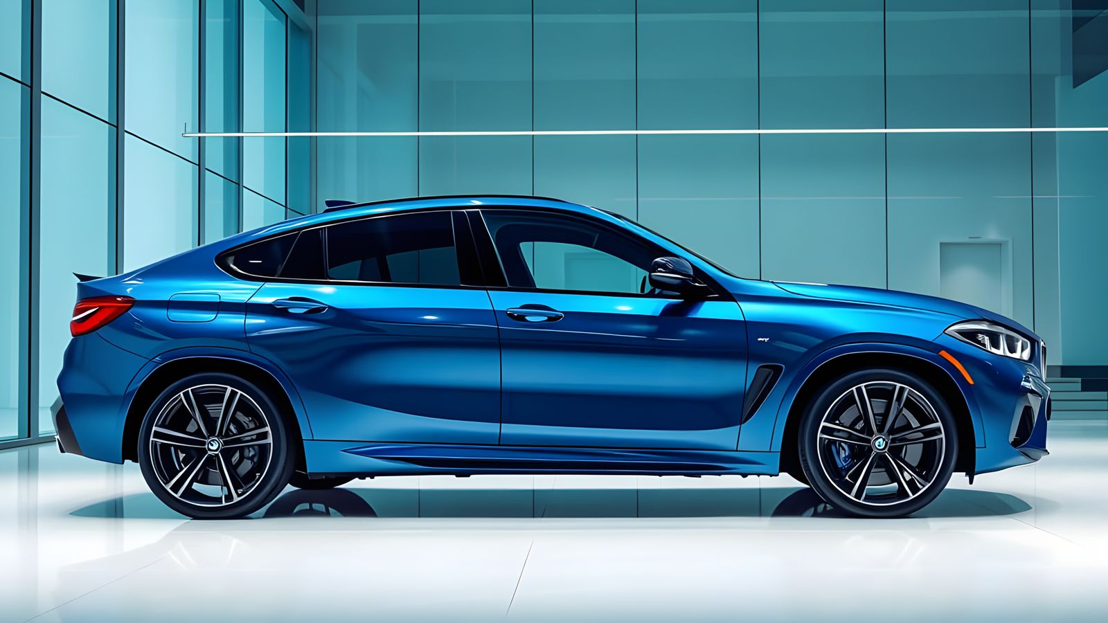 Sleek Metallic Blue BMW M6i SUV in Modern Showroom