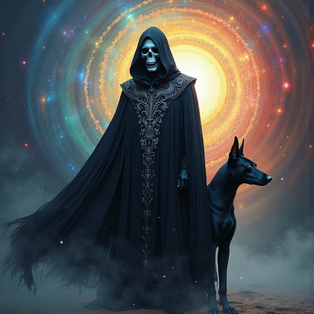 Mystical Reaper and Hound in Psychedelic Dreamscape