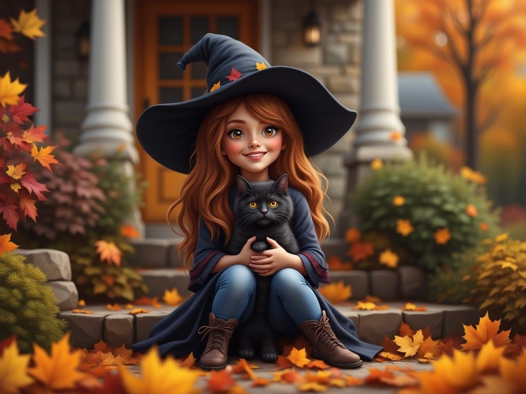 Witch and Black Kitten on Autumn Stoop