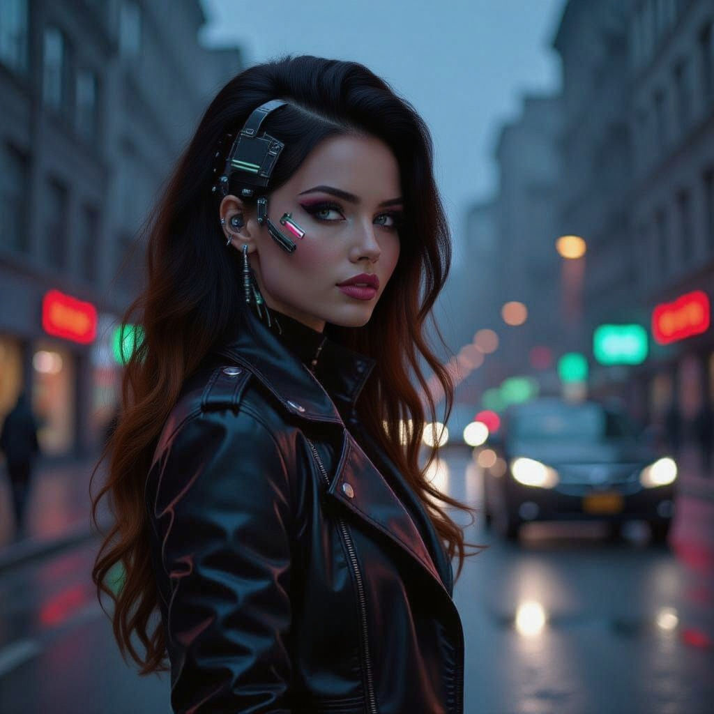 Neon Cyberpunk Woman in Rainy Cityscape