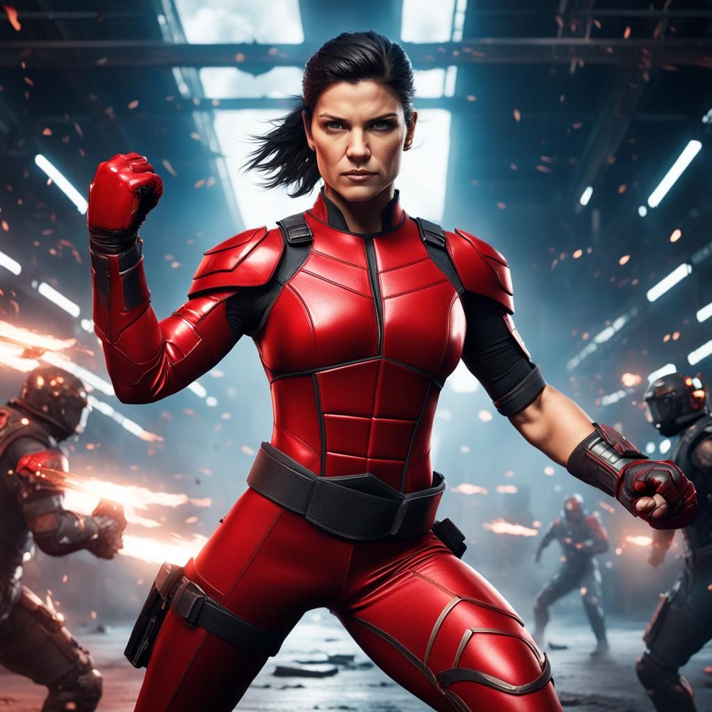 Supermodel in Red Bodysuit, Fighting Pose