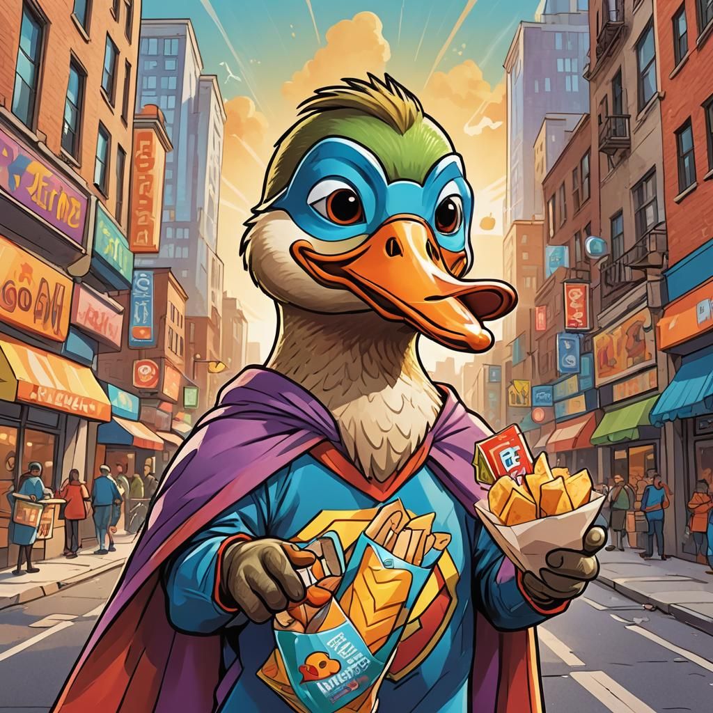 Superhero Duck Snack in Cartoon City Street