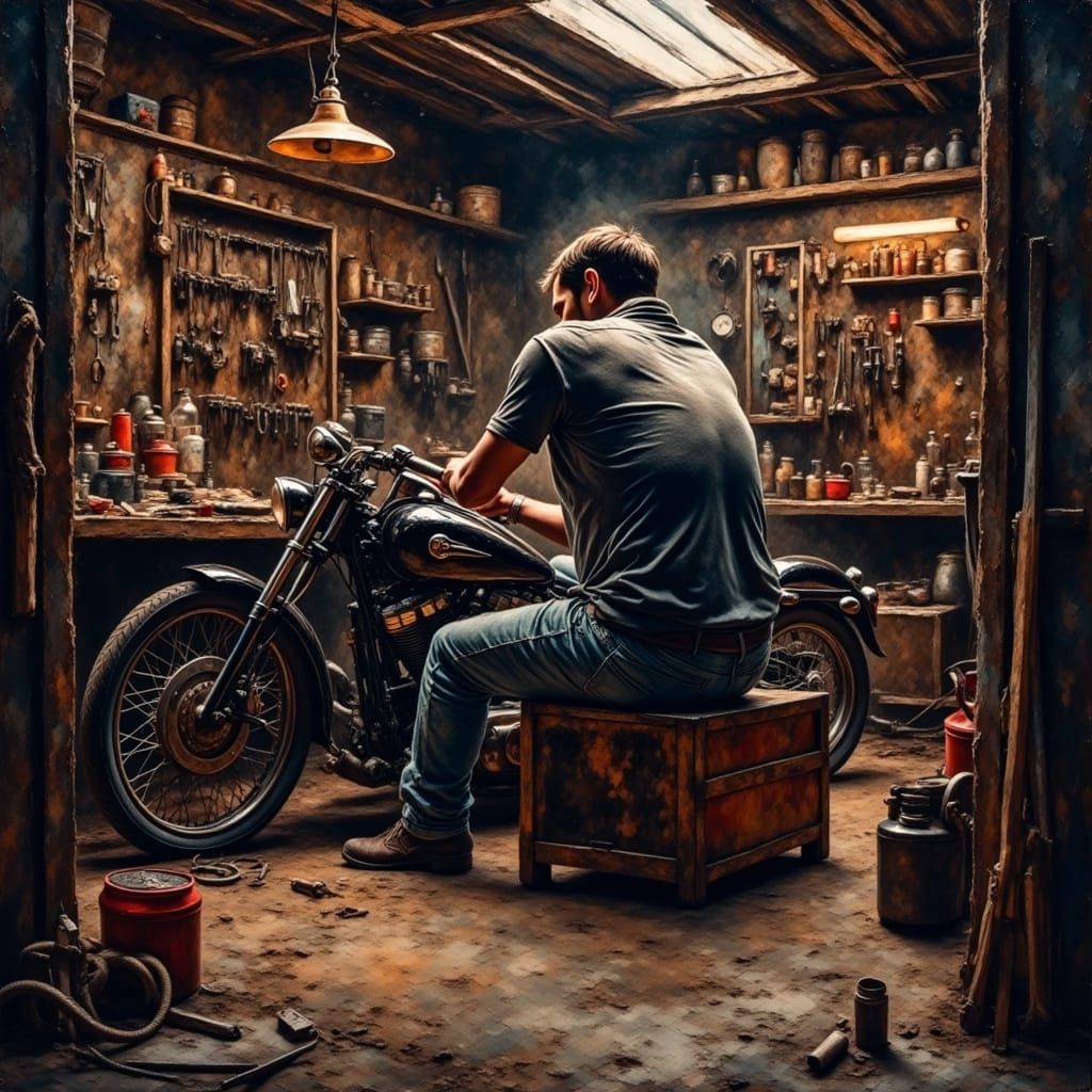 Grungy Oil Painting of Mechanic Working on Motorcycle