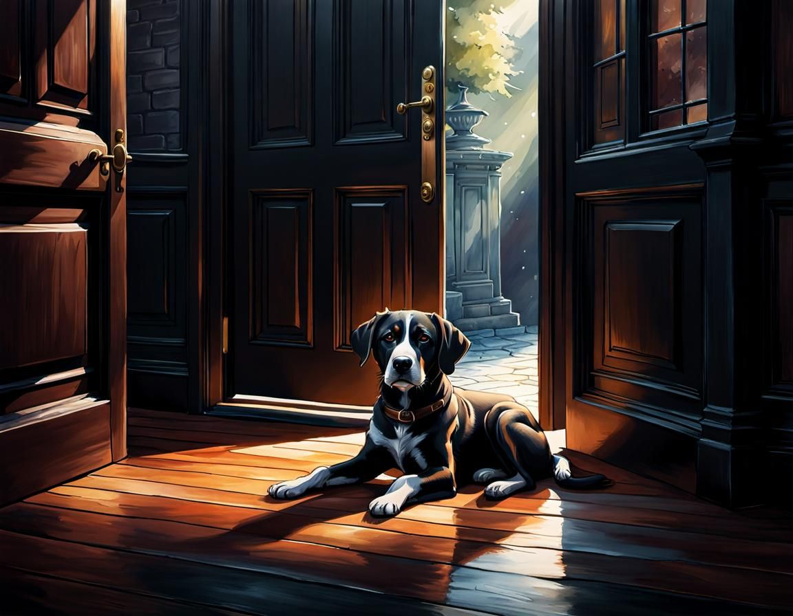 Dog Waiting by Door: Watercolour Dark Fantasy