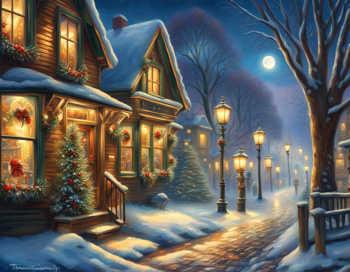 Winter Street Scene with Christmas Lights as Oil Painting