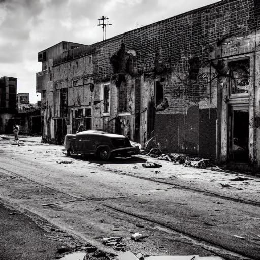 Film Noir Figure in Bombed Urban Wasteland