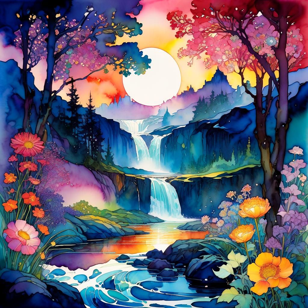 Alien Waterfall Dreamscape in Watercolor and Ink