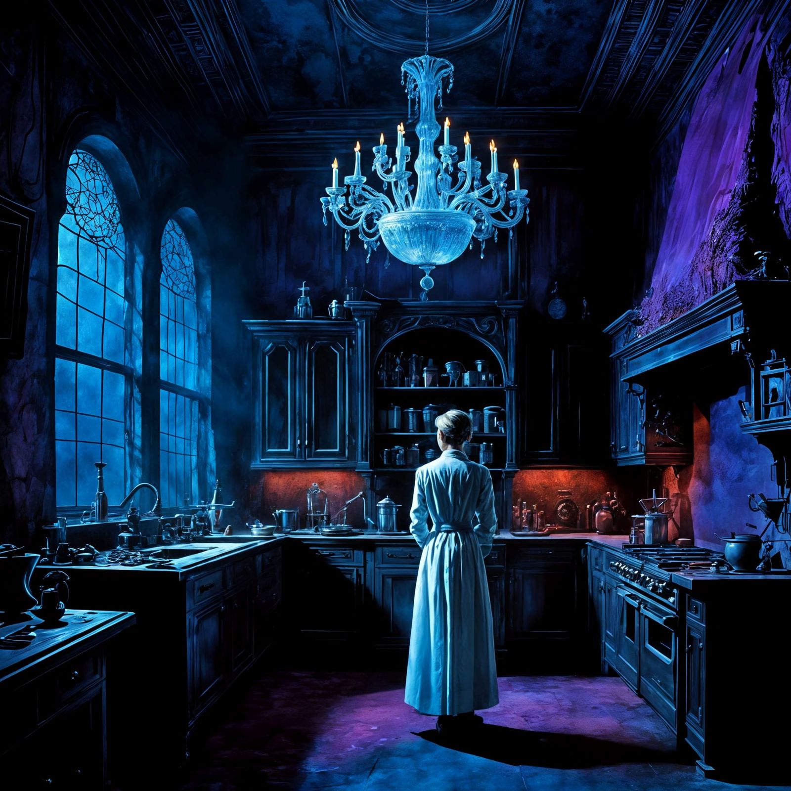 Ethereal Gothic Scientist in a Shadowy Kitchen