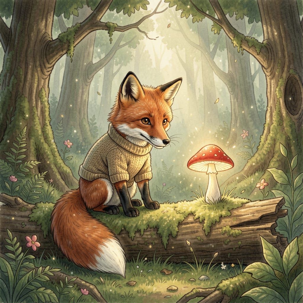 Whimsical Fox in Knitted Sweater in Enchanted Forest
