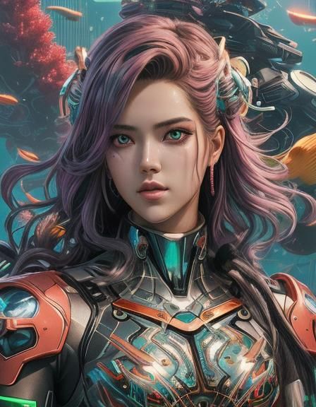 Robot Mermaid in Coral Reef: Anime Cyberpunk Art
