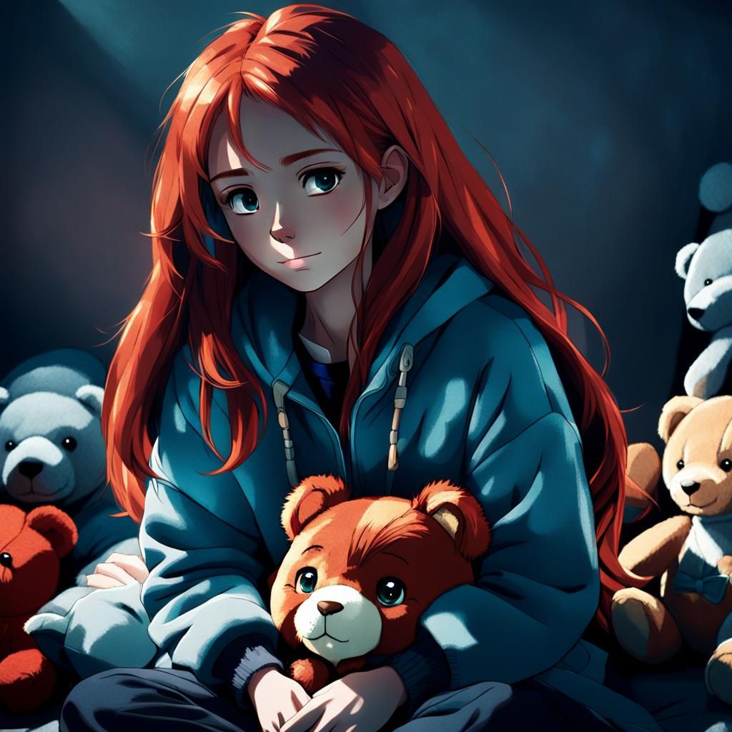 Melancholic Anime Portrait of Redhead with Toy