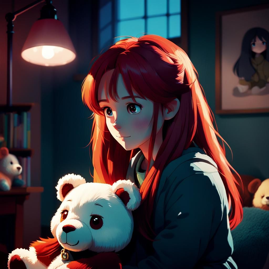 Anime Girl with Stuffed Animal in Studio Trigger Style