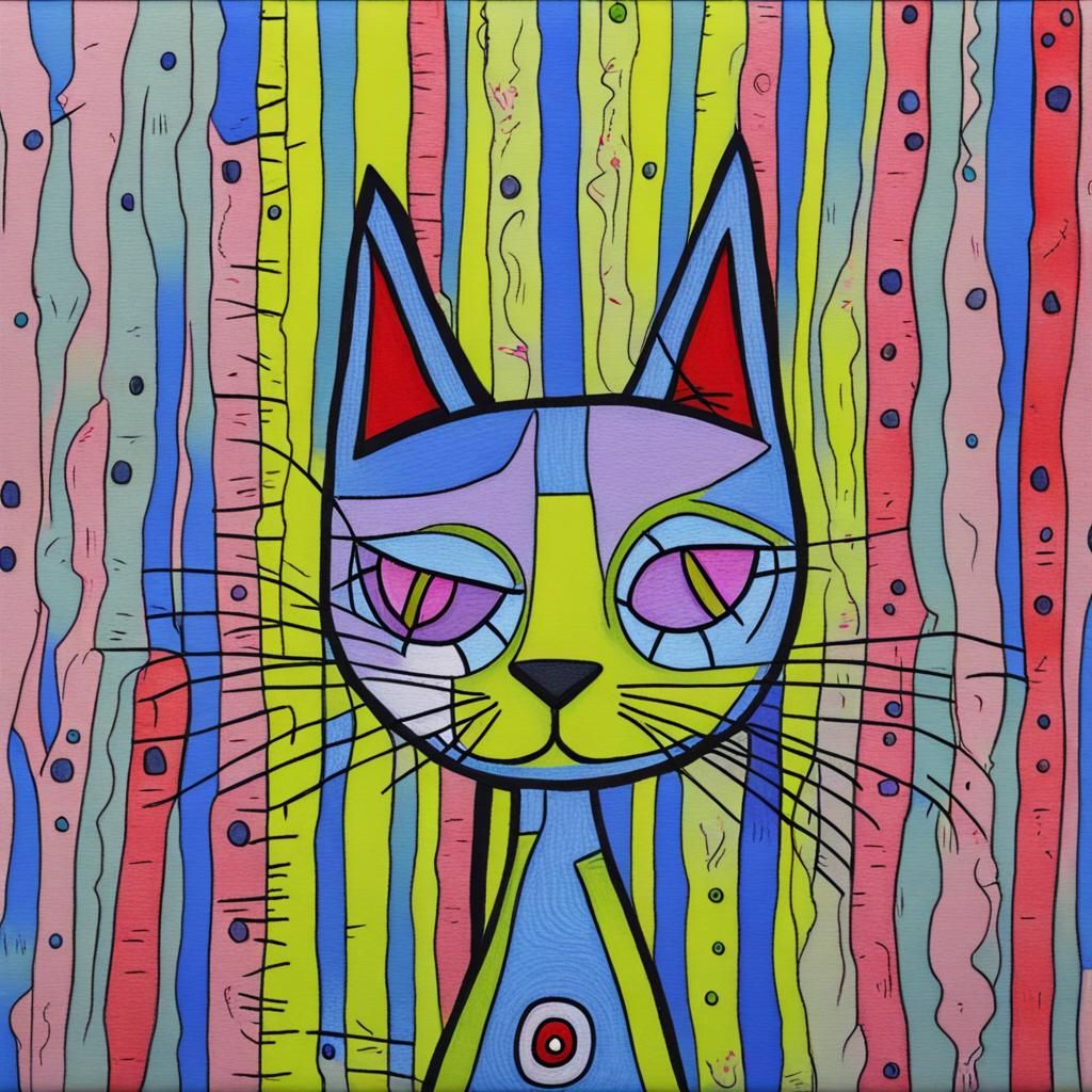 Cat Standing Upright with Blue Eyes, in Art Brut