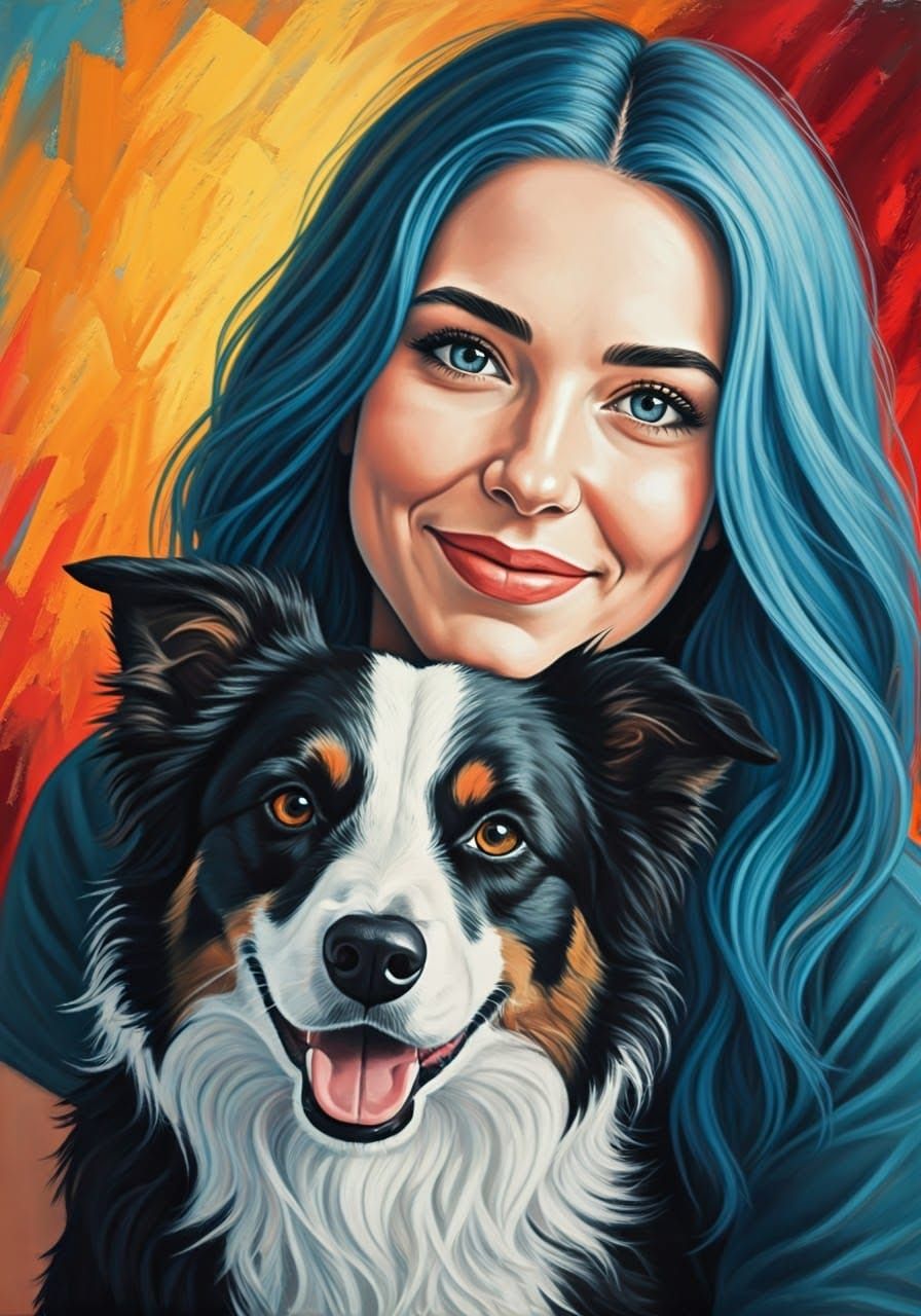 Pastel Portrait of Woman with Border Collie