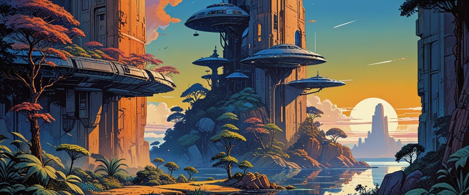 Floating City in Bright Sunlight with Tropical Plants