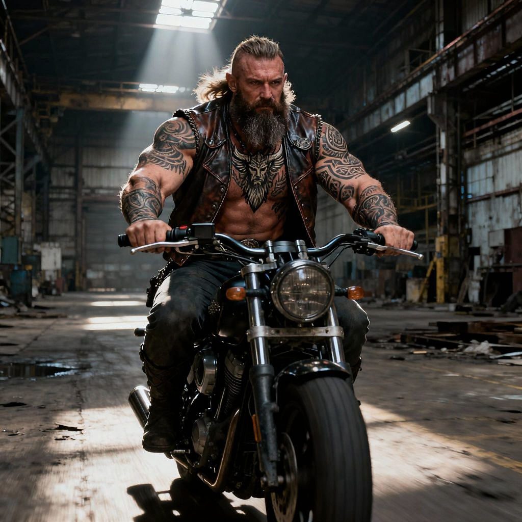 Muscular Viking Biker in Industrial Warehouse, Hyper Realist...