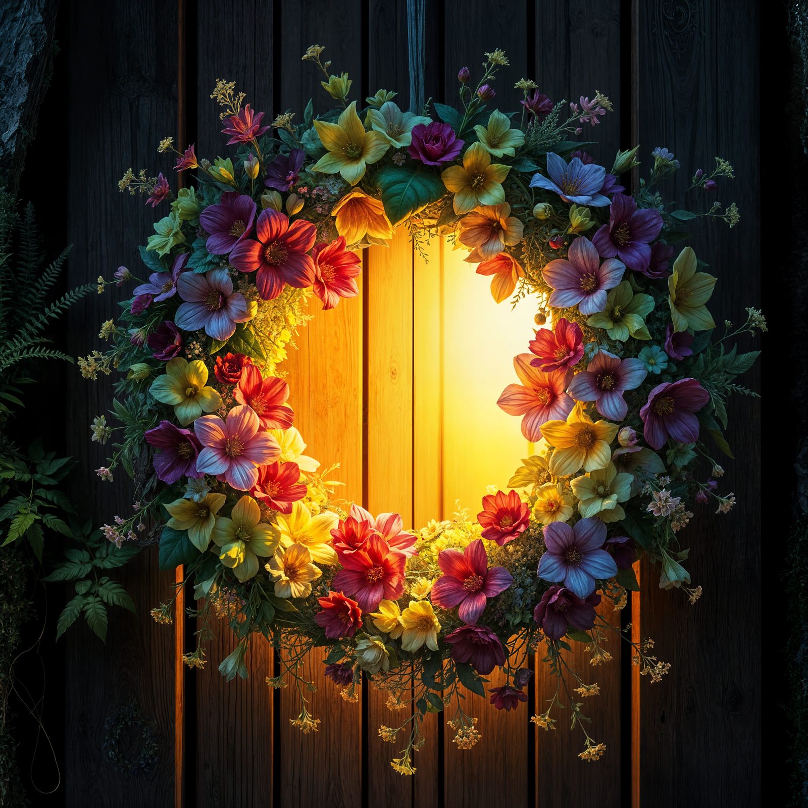 Glowing Wildflower Wreath on Rustic Door in Fantasy Art Styl...
