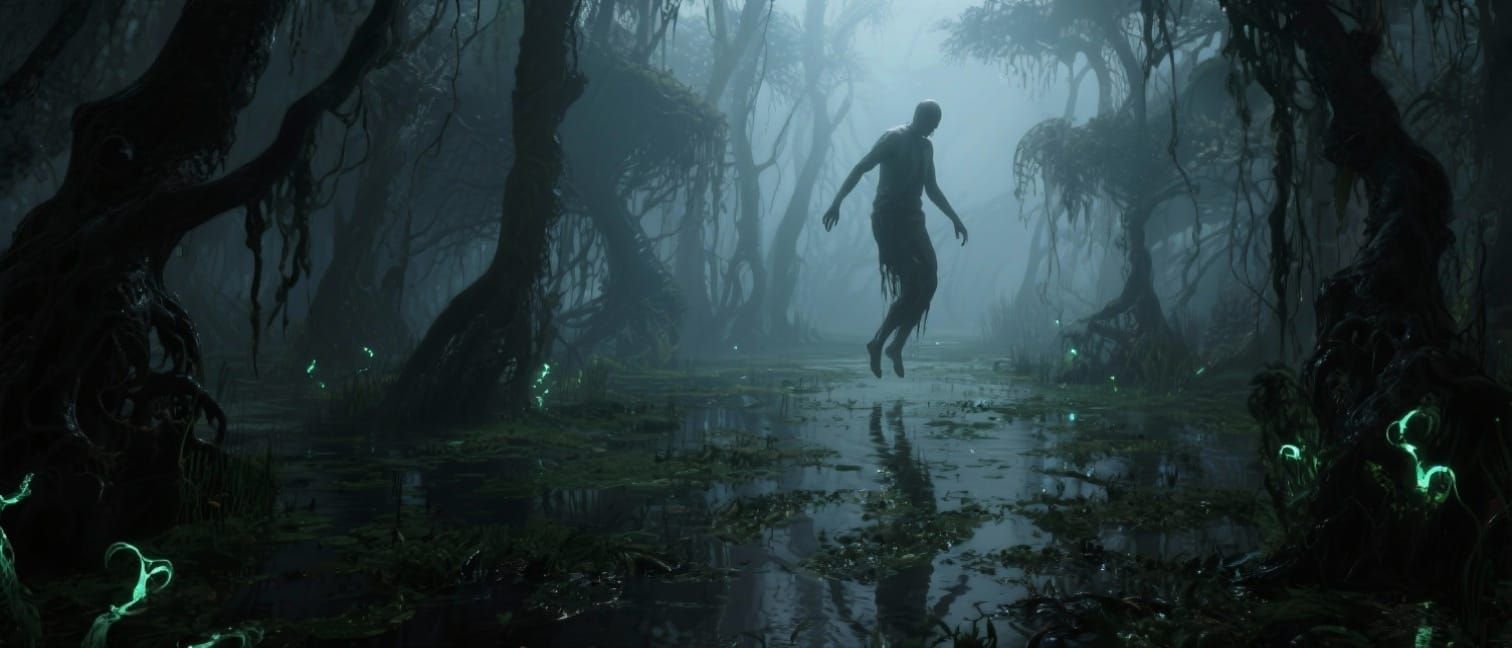 Figure Drifting Through Swamp Dreamscape in Dark Fantasy Sty...