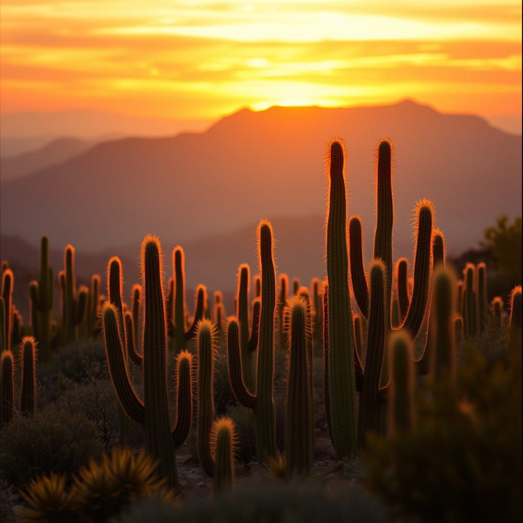 Majestic Summer Cactus Landscape in Cinematic Sunset