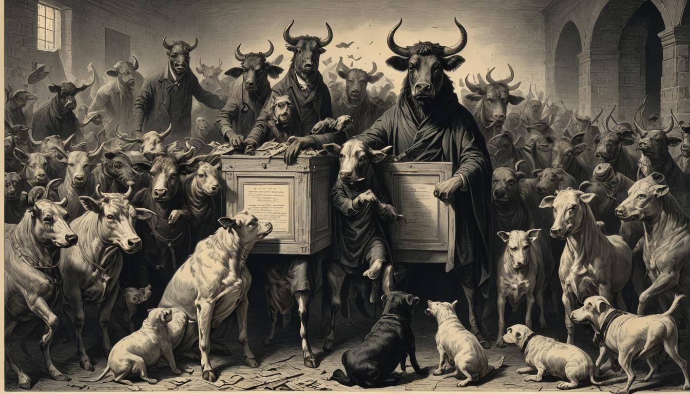 Surreal Election Scene with Animals and Evil Spirit