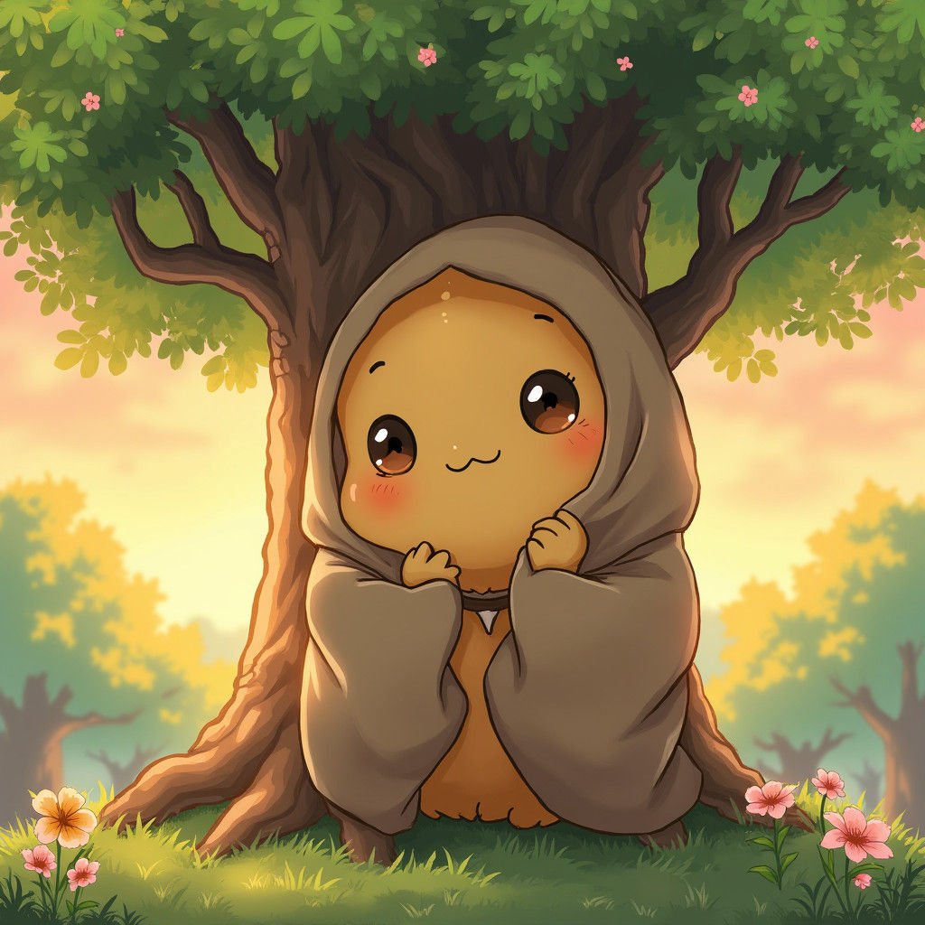 Potato Hugging a Tree in Anime Style