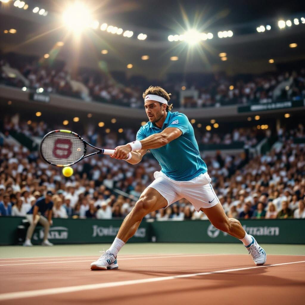 Tennis Player Hits Powerful Forehand in Championship Match