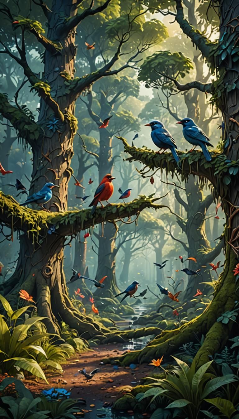 Birds in Forest: Detailed Matte Painting