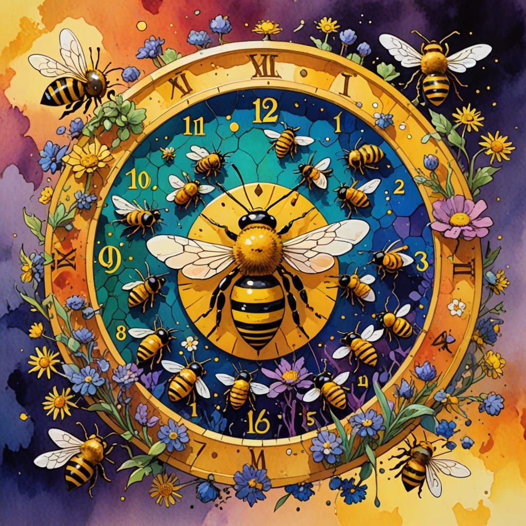 Bees Buzzing on a Honey Clock in Watercolor Style