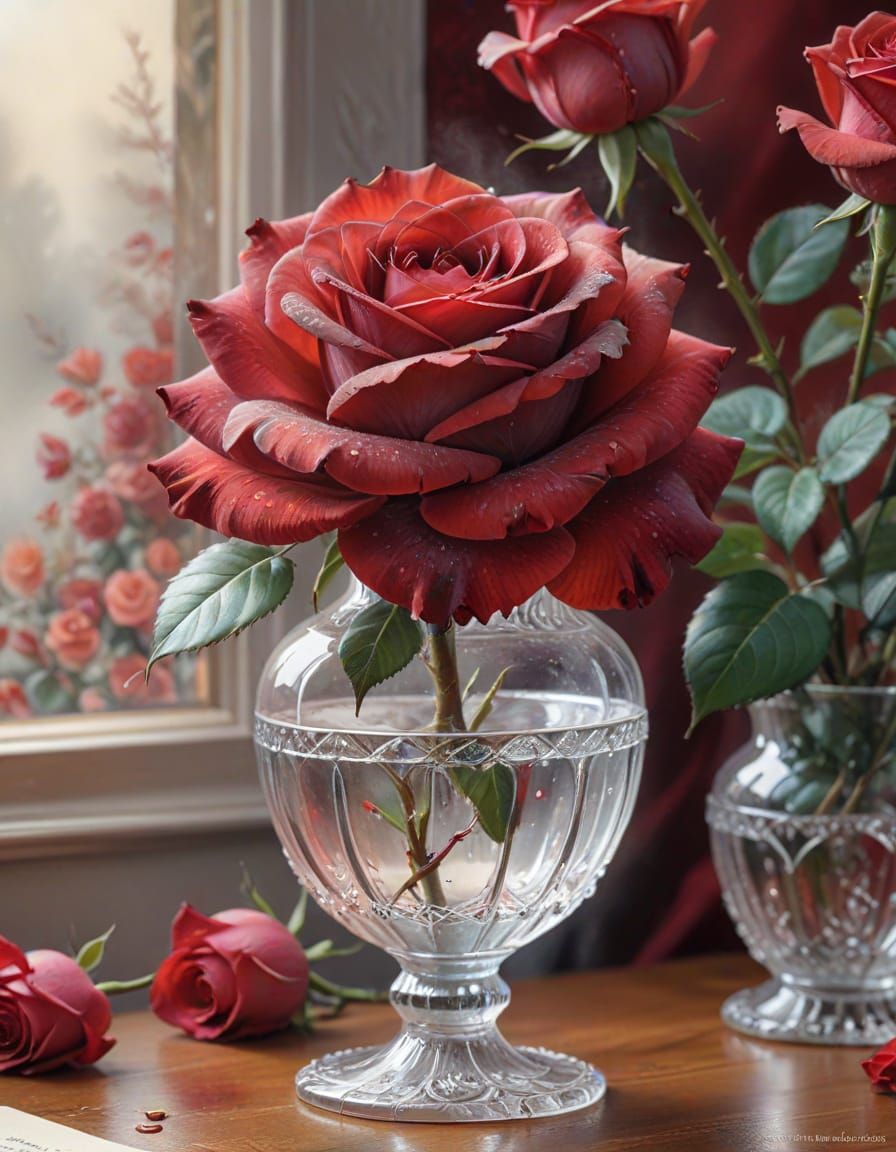 Ethereal Red Rose in Crystal Vase - Watercolour & Ink