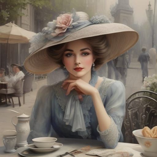 A graceful lady seated at an outdoor café table