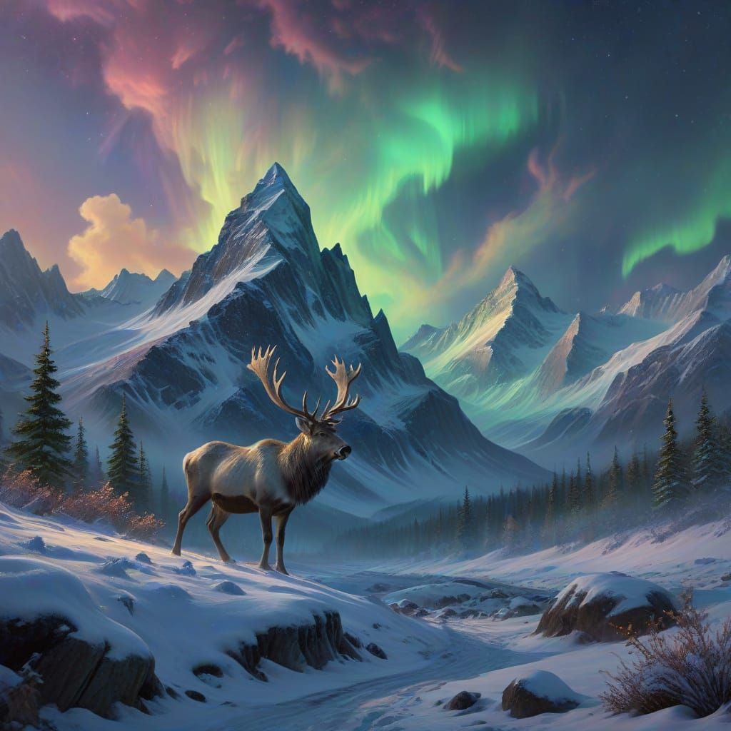 Dreamy Reindeer Under the Aurora Borealis