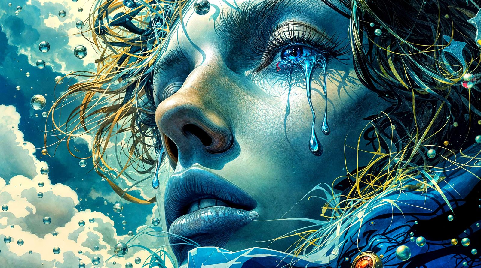 Maximalist Retro-Futuristic Scene in Rich Ink and Watercolor