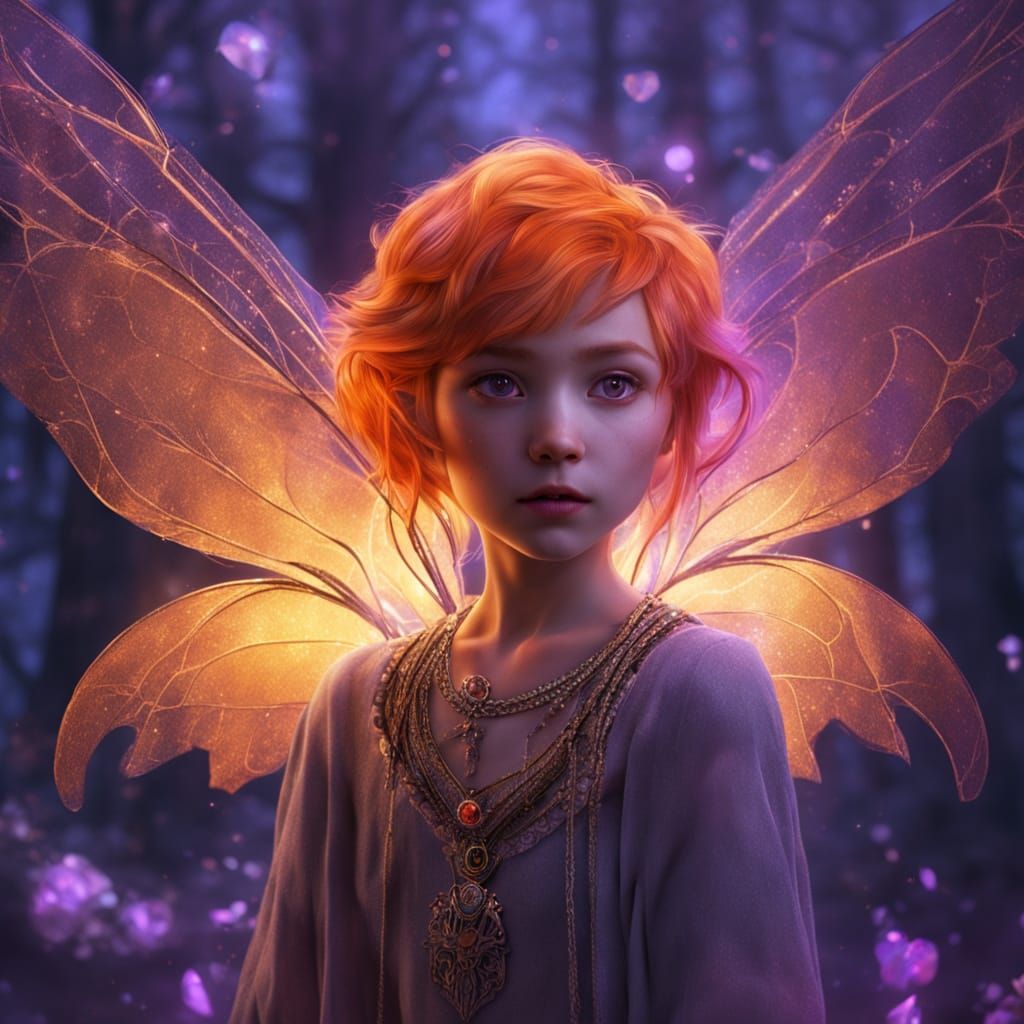 Orange-Haired Pixie Fairy with Crystal Pendant