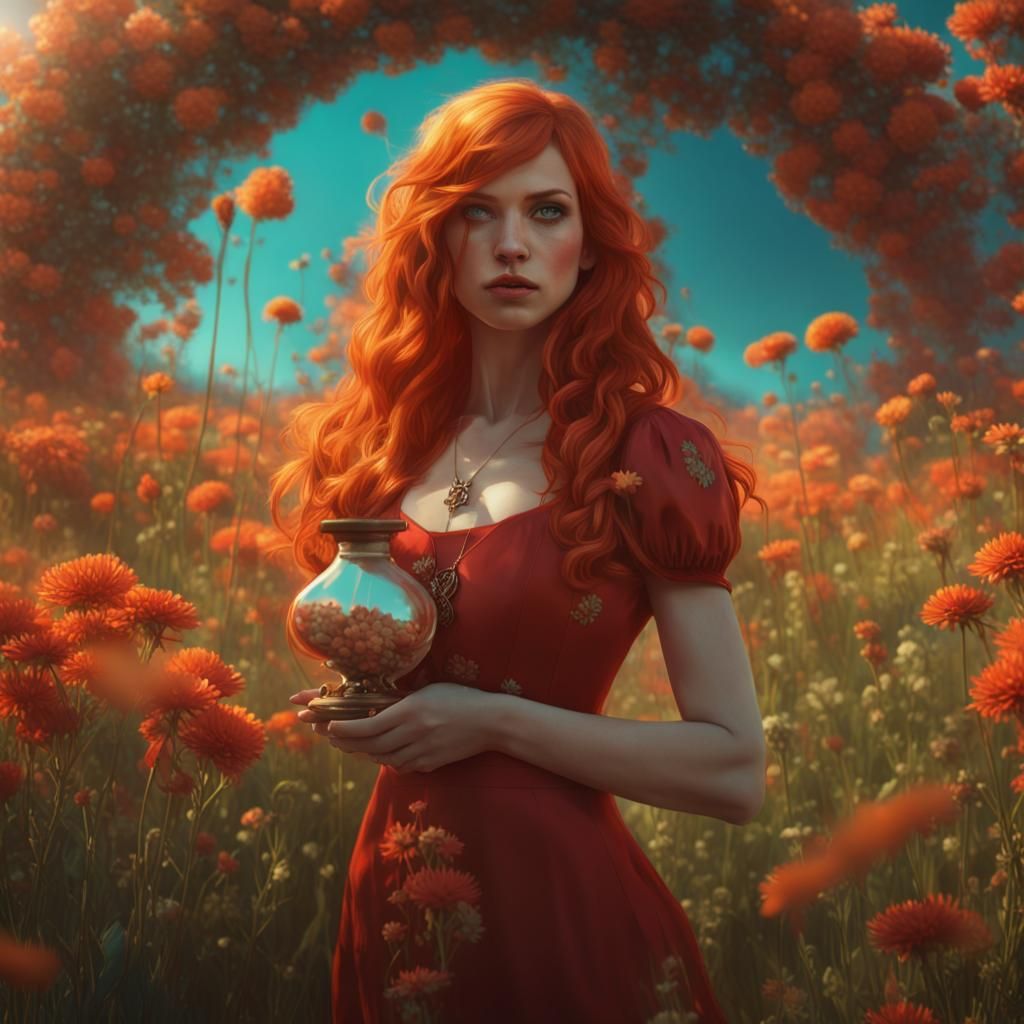 Red-Haired Woman in Floral Field, Art Nouveau Style
