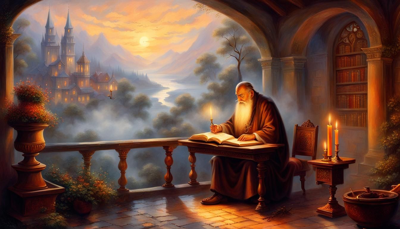 Monk Writing by Candlight in Ancient Convent