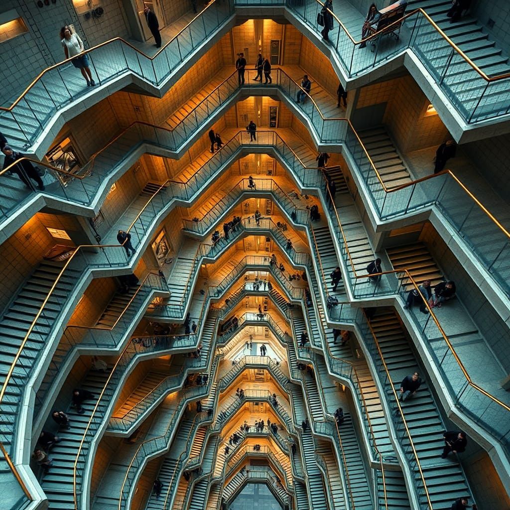 A surreal cityscape where multiple staircases intersect at impossible angles. The architecture folds in on itself, creat...