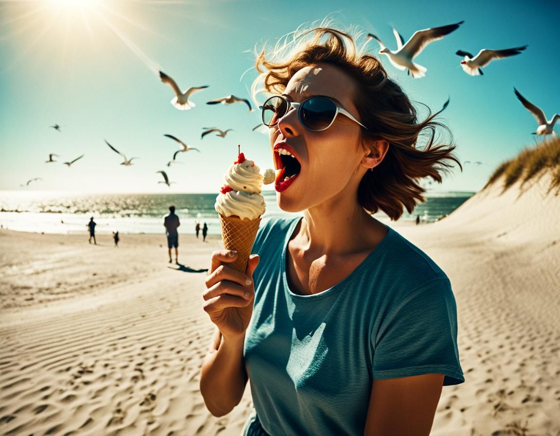 Woman Licking Ice Cream on Sunny Beach