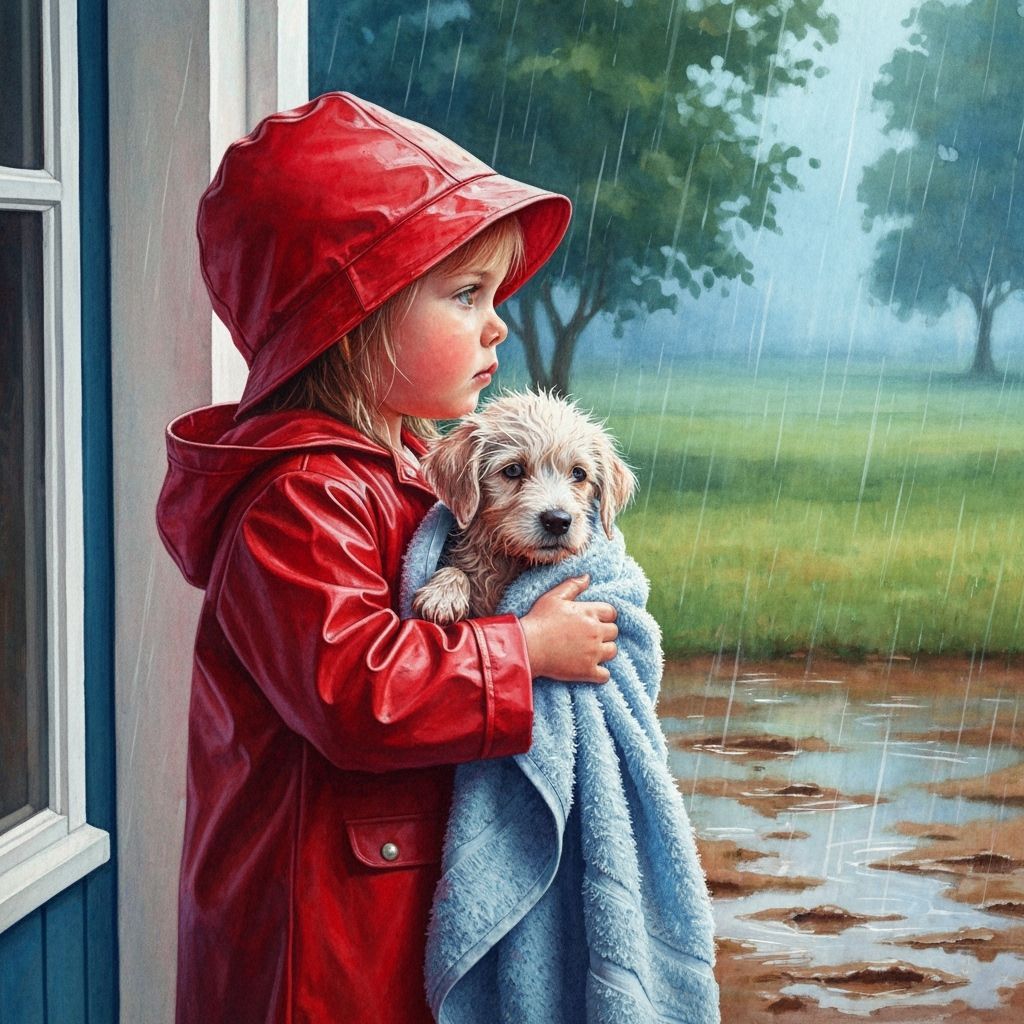 Adorable Girl in Red Coat with Muddy Puppy
