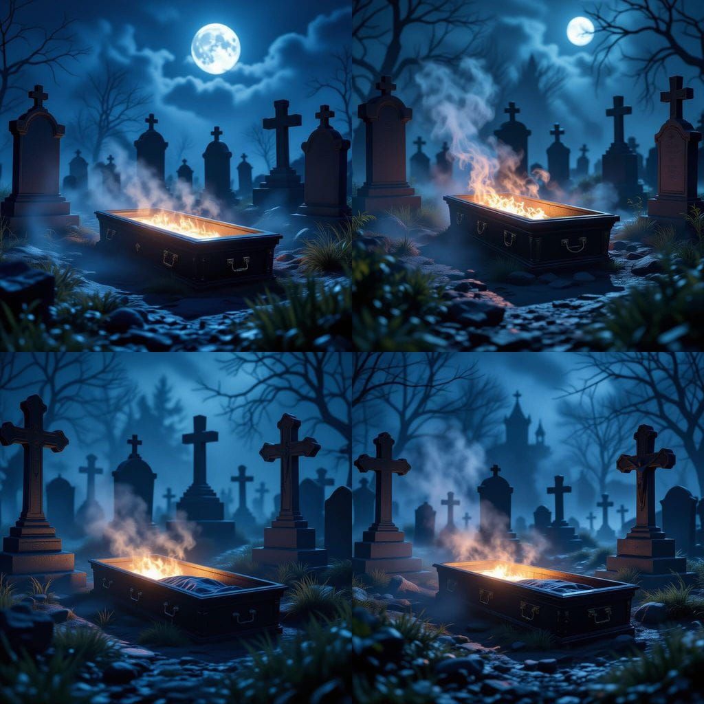 Haunted Graveyard Night Scene with Glowing Coffin